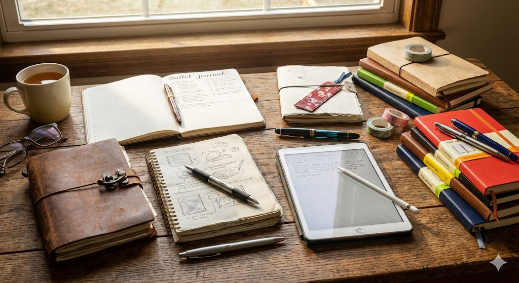 A creative arrangement of notebooks and writing tools used for answering diverse journal prompts.