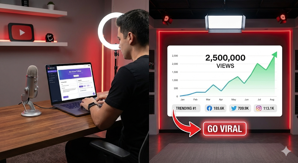 Split-screen image showing a YouTuber using an AI video editor on the left and a graph displaying viral growth with millions of views on the right, illustrating the process of using an ai prompt for creating viral videos on youtube.